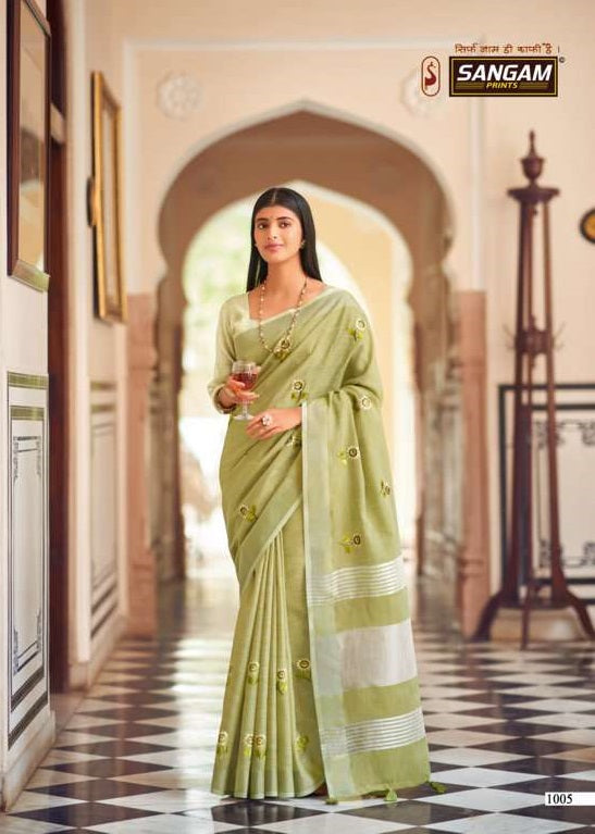 Sangam Prints Nagma Linen Beautiful  Festive Wear Sarees With Embroidery Work