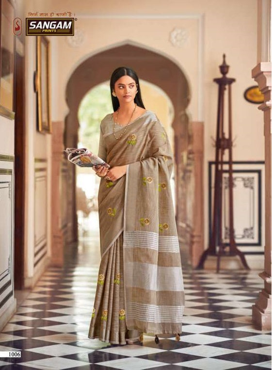 Sangam Prints Nagma Linen Beautiful  Festive Wear Sarees With Embroidery Work