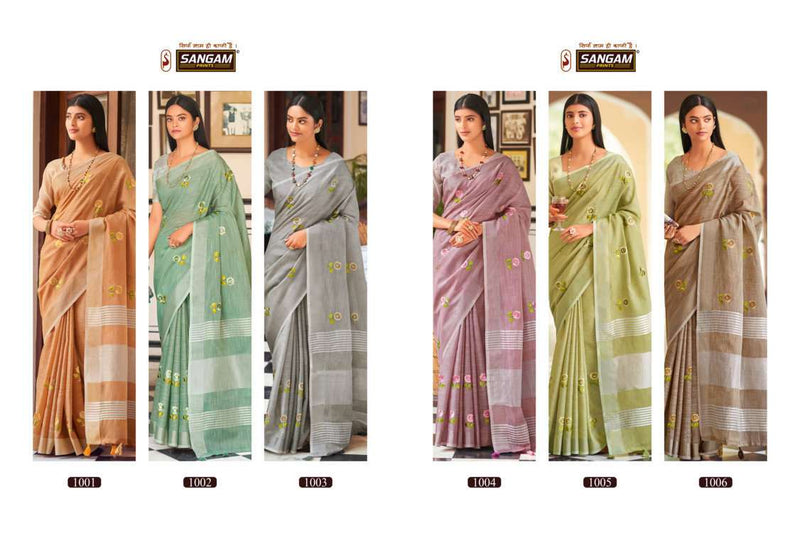 Sangam Prints Nagma Linen Beautiful  Festive Wear Sarees With Embroidery Work