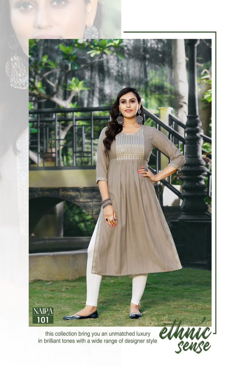 Hirwa Naira Self Woven Fancy Viscose Rayon Fancy Naira Cut Kurti