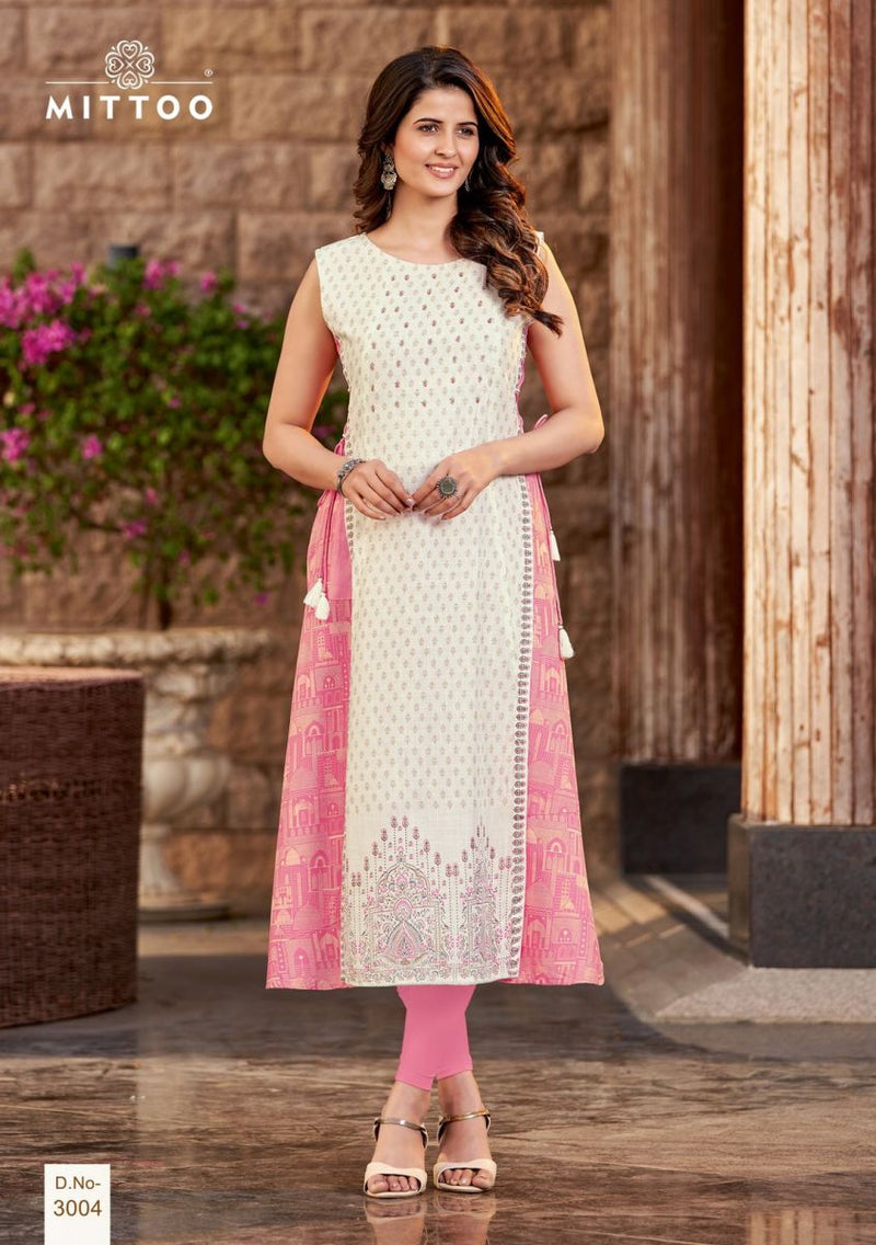 Mittoo Nandani Rayon With Fancy Prints Embroidered Party Wear Kurtis