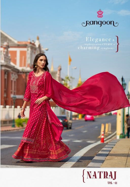 Rangoon Natraj Vol 1 Heavy Rayon Embroidery Work Fancy Designer Partywear Kurti