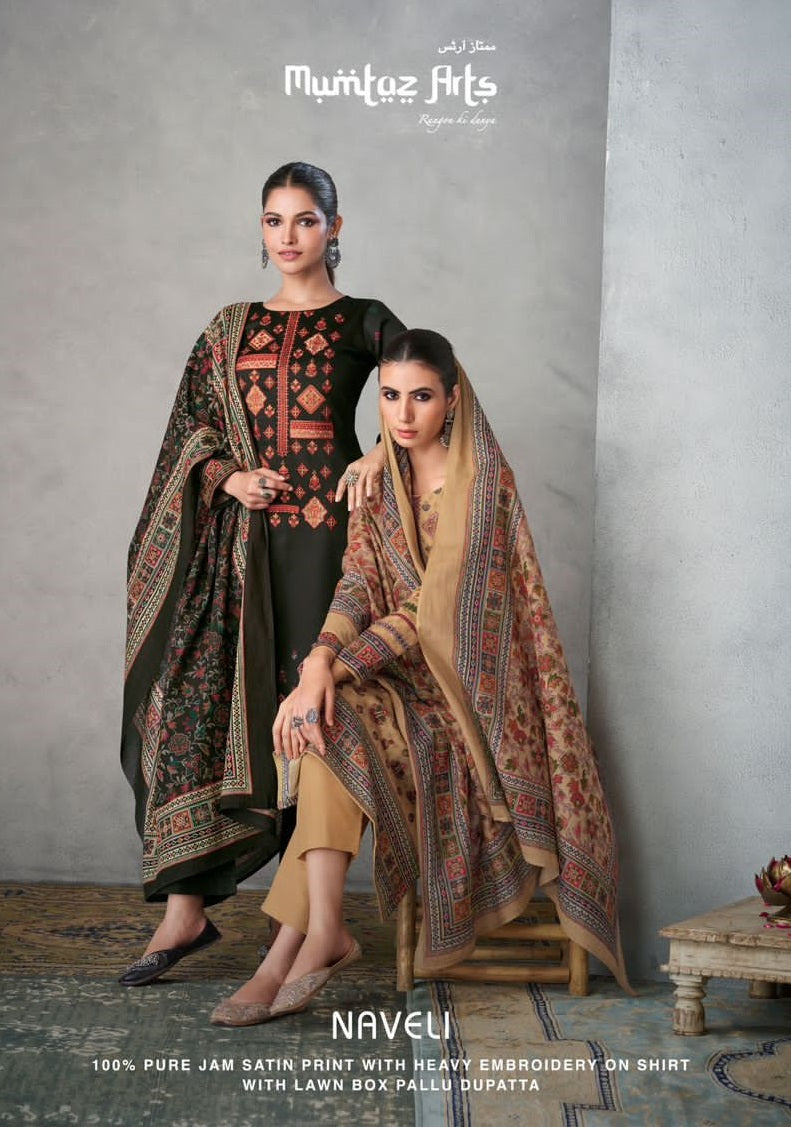 Mumtaz Arts Naveli Pure Viscose Jam Satin Heavy Embroidery Partywear Designer Salwar Kameez
