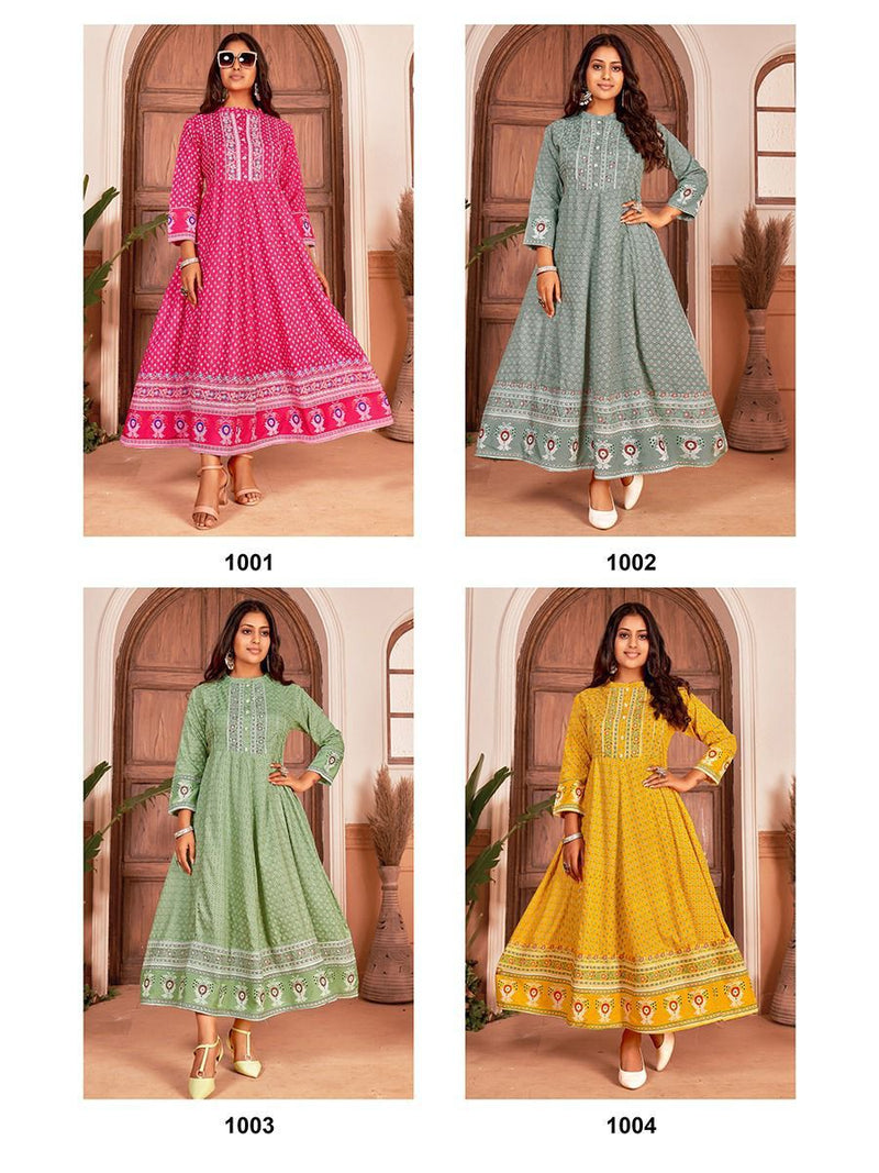 Banwery Fashion Nayanthara Vol 1 Rayon With Jaipuri Print Gown Style Party Wear Kurtis