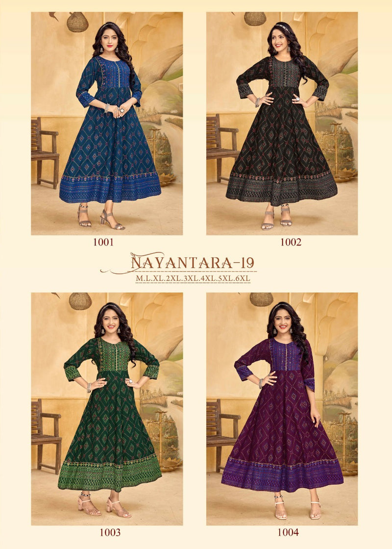 Banwery Nayanthara Vol 19 R Rayon With Foil Printed Work Stylish Designer Festive Wear Long Gown