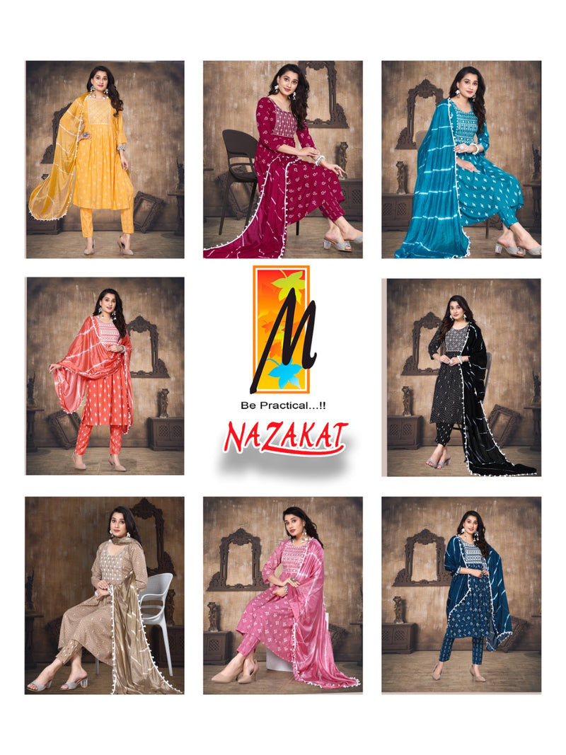 Master Nazakat Printed Rayon Nayra Cut Embroidery Fancy Designer Partywear Kurti