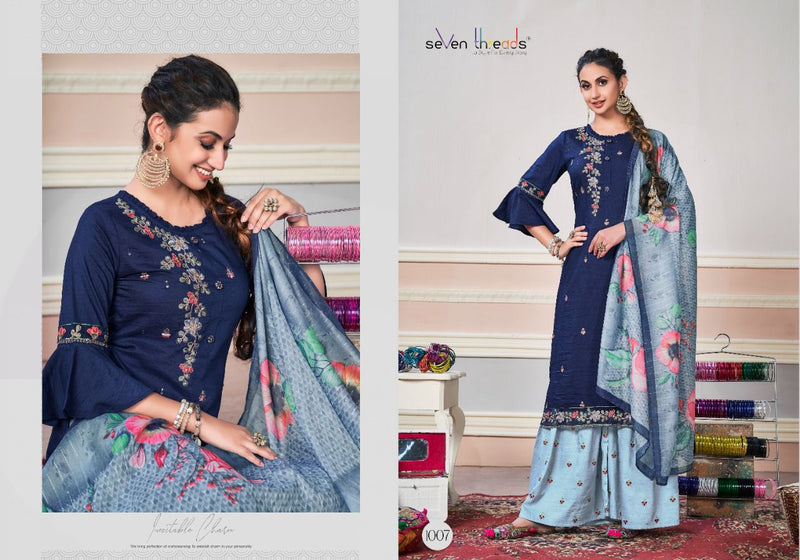 Seven Threads Nazakat Viscose Silk Fancy Stylish Party Wear Kurtis With Sharara Style Bottom & Dupatta
