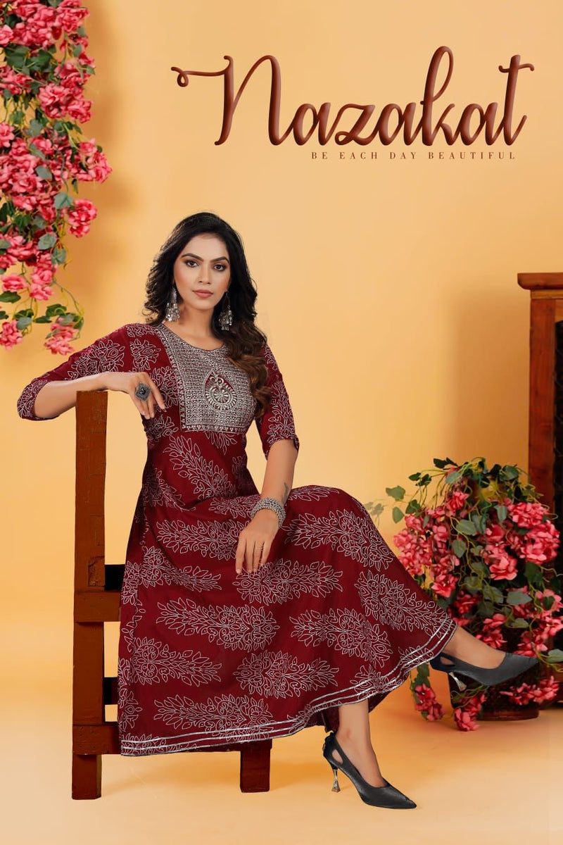 Beauty Queen Nazakat Vol 1 Heavy Rayon Printed Frock Style Party Wear Kurtis