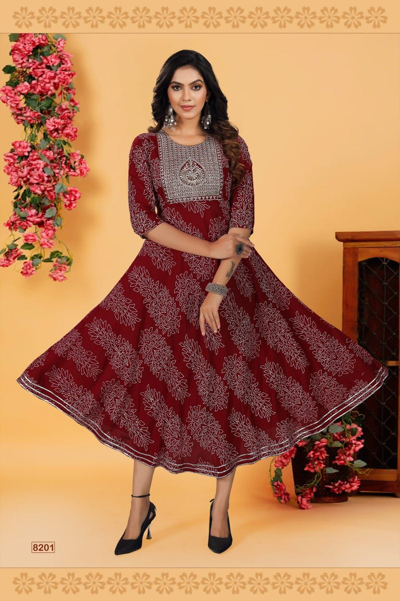 Beauty Queen Nazakat Vol 1 Heavy Rayon Printed Frock Style Party Wear Kurtis