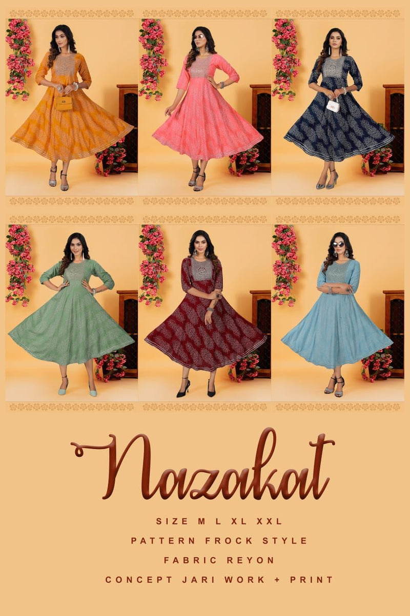Beauty Queen Nazakat Vol 1 Heavy Rayon Printed Frock Style Party Wear Kurtis