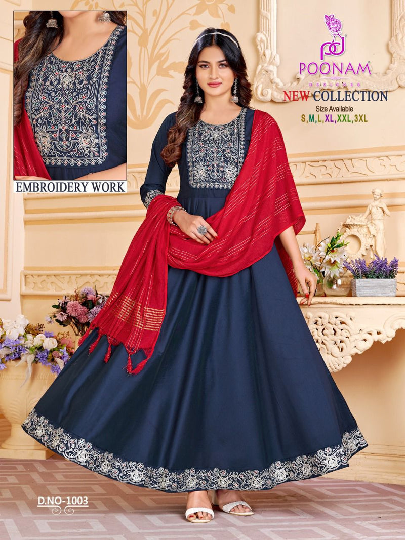 Poonam New Collection Rayon Modal Silk Heavy Embroidery Work Stylish Designer Long Gown