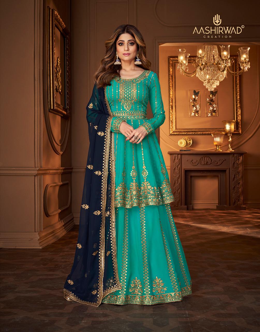 Aashirwad Creation 9430 Gulkand Radhika Blue Full Stitched Georgette Salwar  Suit