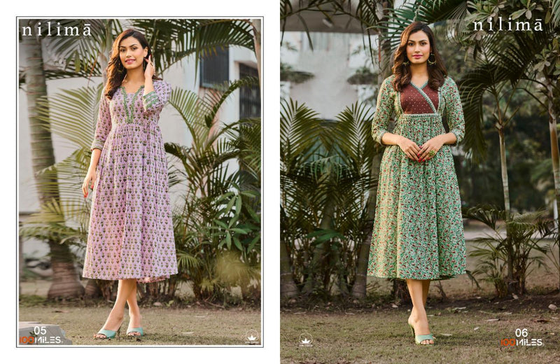 100 Miles Nilima Pure Cotton Printed Long Party Wear Kurtis