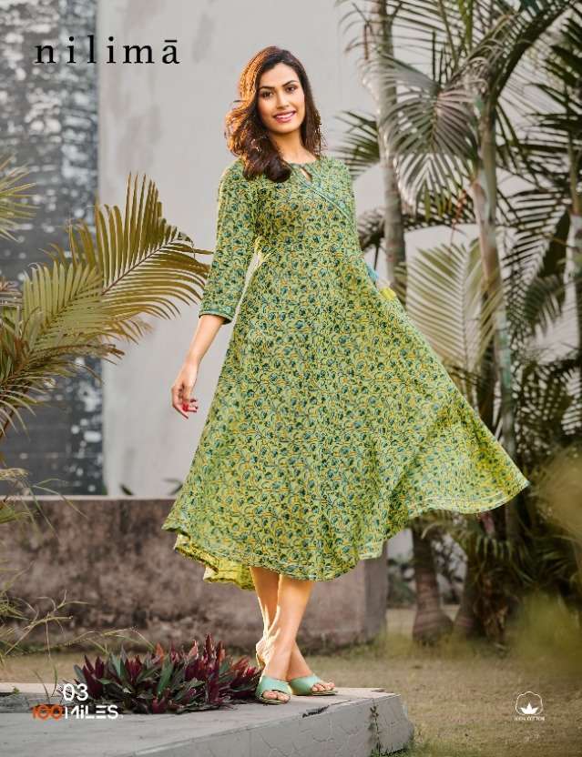 100 Miles Nilima Pure Cotton Printed Long Party Wear Kurtis