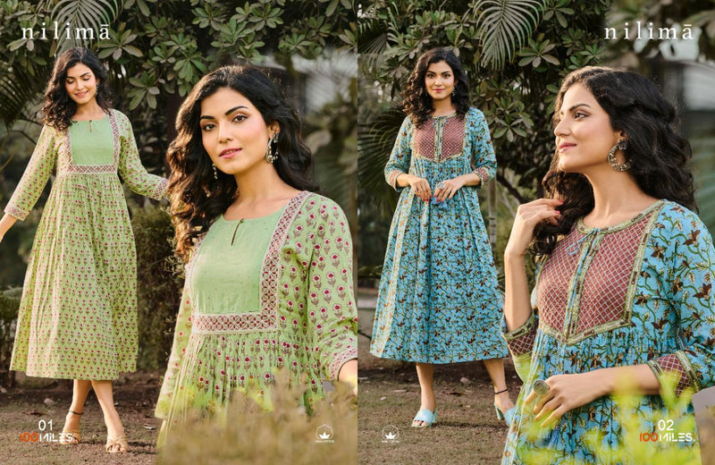 100 Miles Nilima Pure Cotton Printed Long Party Wear Kurtis