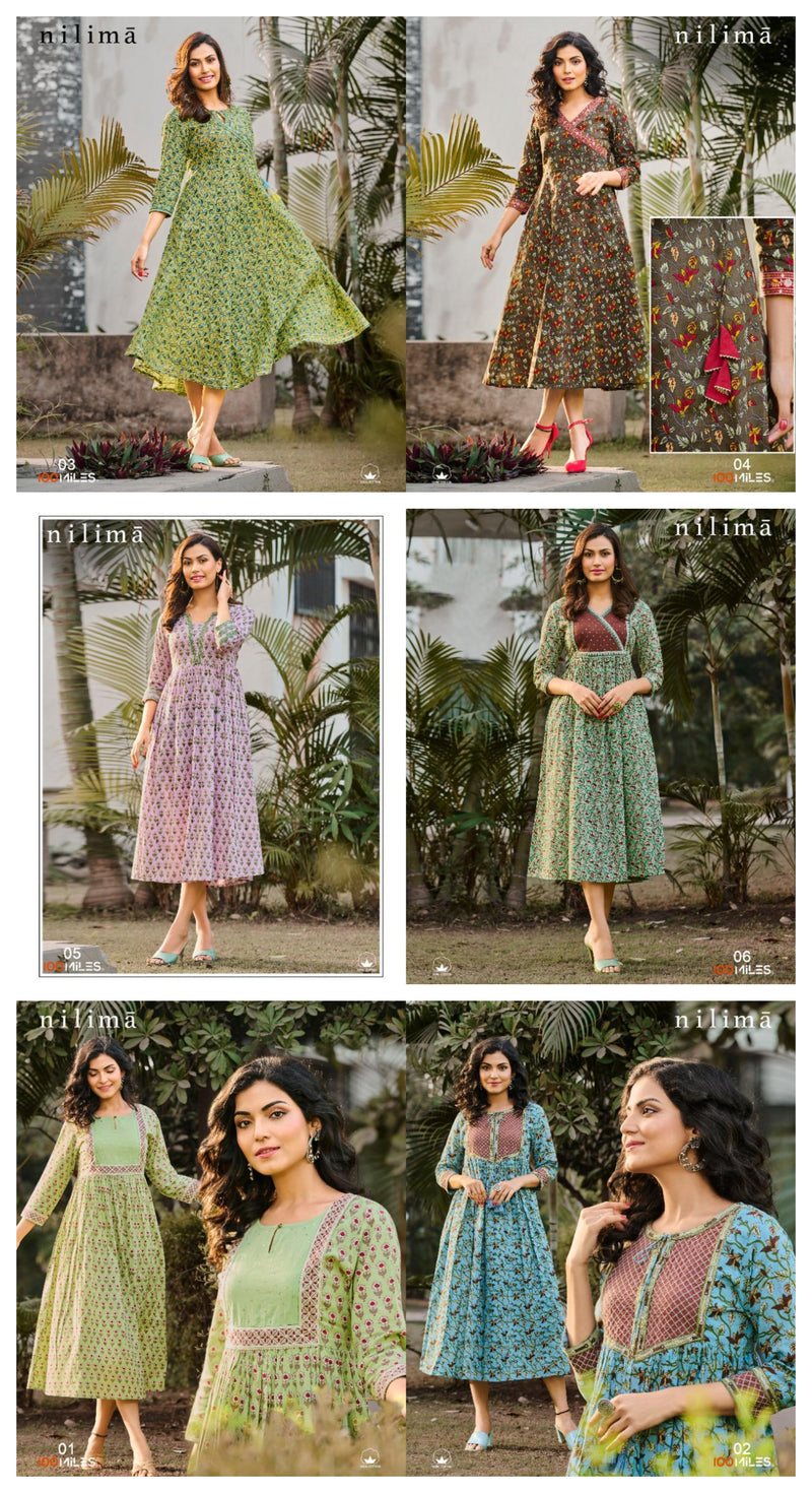 100 Miles Nilima Pure Cotton Printed Long Party Wear Kurtis
