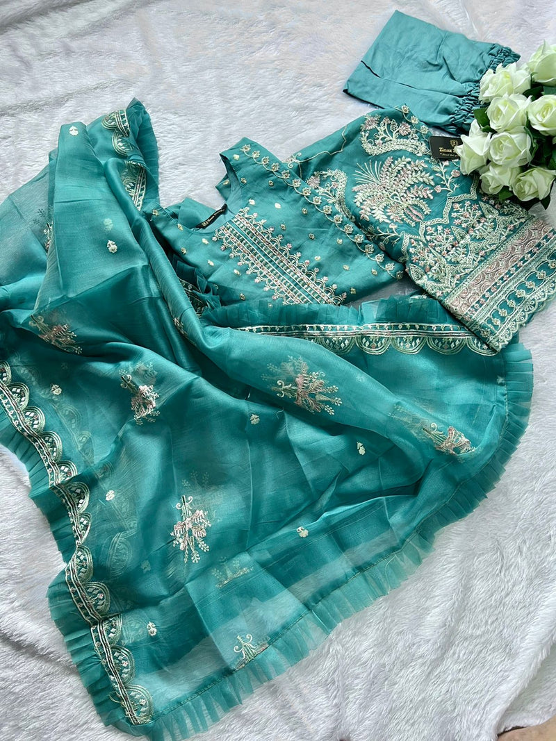 Ziaaz Noor Aqua Green Organza With Beautiful Embroidery Work Stylish Designer Party Wear Pret Kurti