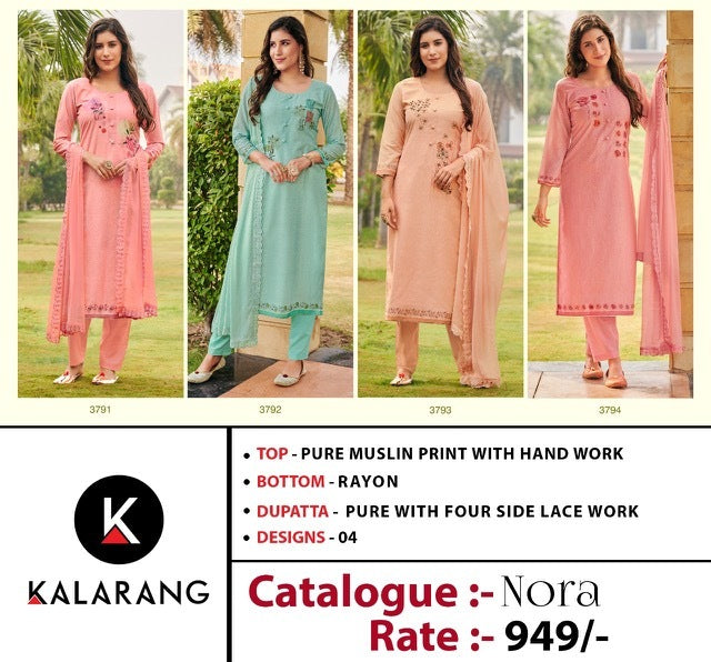 Kalarang Fashion Nora Muslin Designer Party Wear Salwar Suits With Hand Work