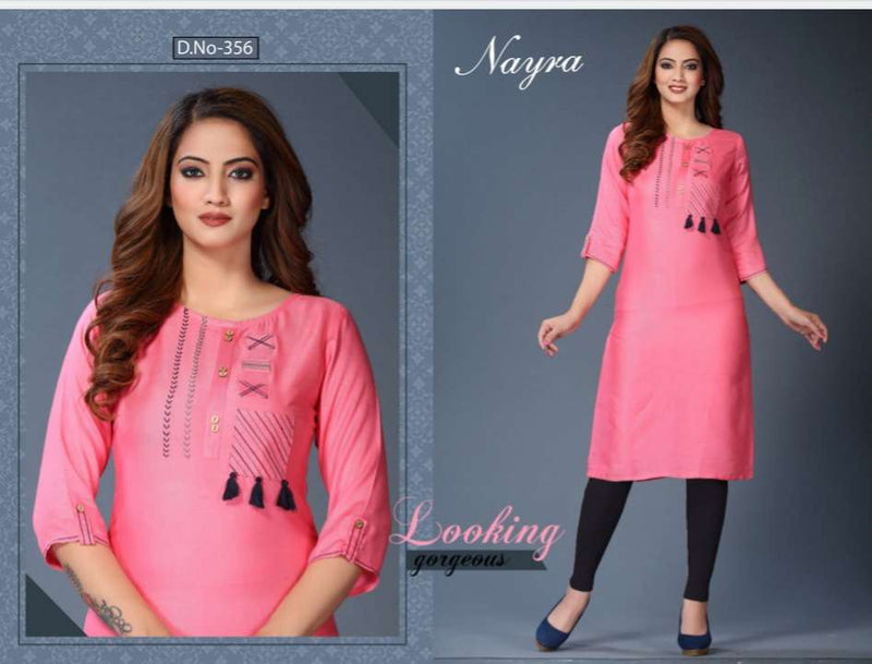 Nayra Present Pihu Rayon Fancy Look With Hand Work Regular Wear Kurtis