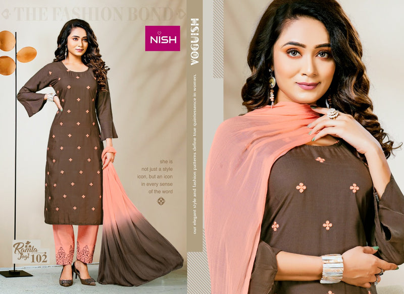 Nish Launch Ramta Joghi Rayon Slub Fancy Printed Designer Long Straight Casual Wear Kurti With Bottom
