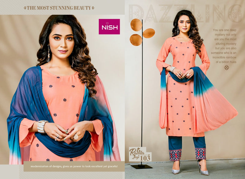 Nish Launch Ramta Joghi Rayon Slub Fancy Printed Designer Long Straight Casual Wear Kurti With Bottom