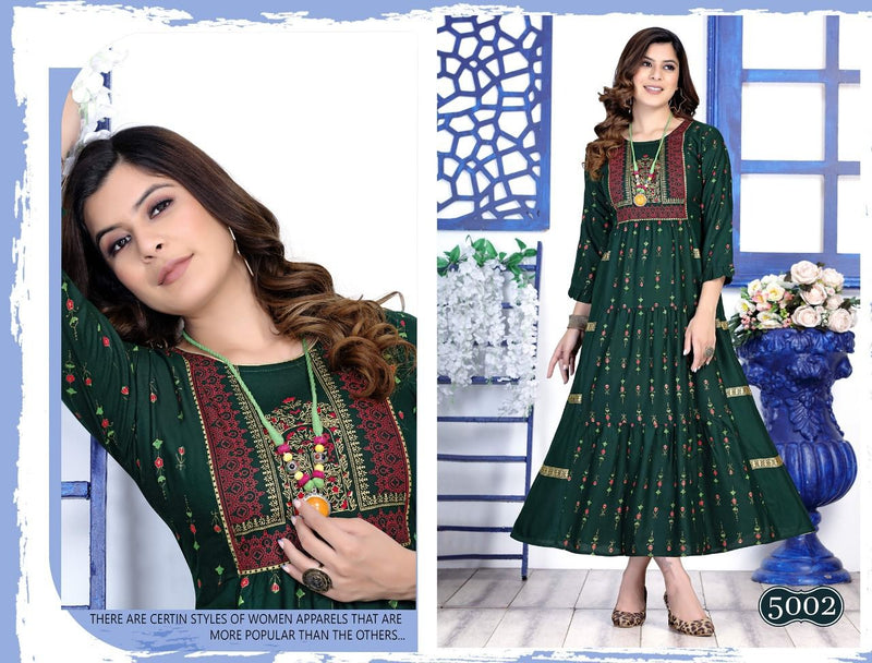 Golden Occasions Vol 1 Rayon Long Printed Party Wear Gown Style Kurtis
