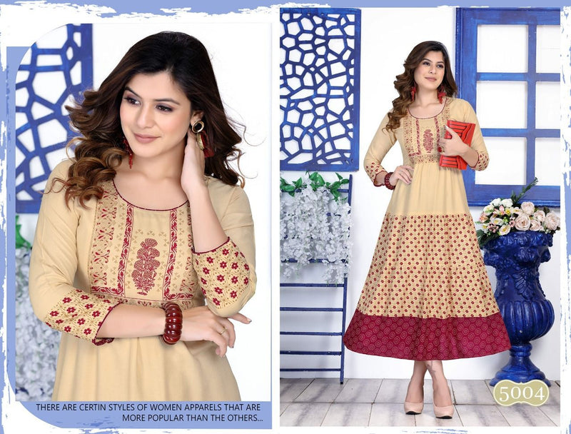 Golden Occasions Vol 1 Rayon Long Printed Party Wear Gown Style Kurtis