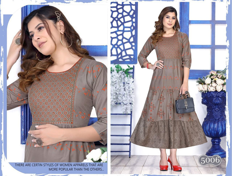 Golden Occasions Vol 1 Rayon Long Printed Party Wear Gown Style Kurtis
