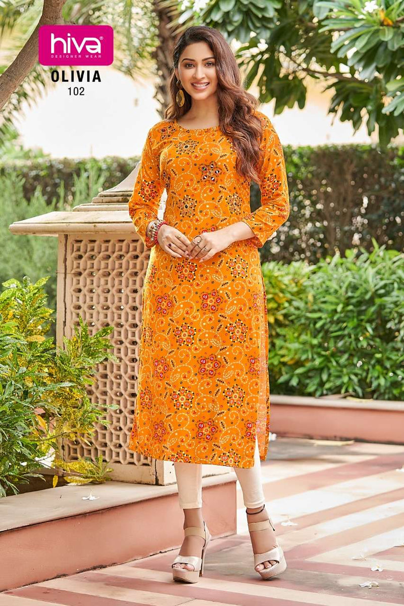 Hiva Designer Olivia Rayon Print Stylish Party Wear Kurtis