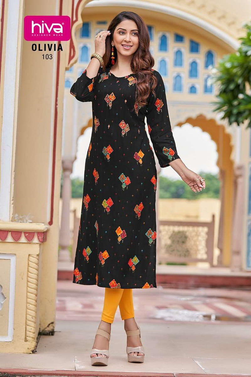 Hiva Designer Olivia Rayon Print Stylish Party Wear Kurtis