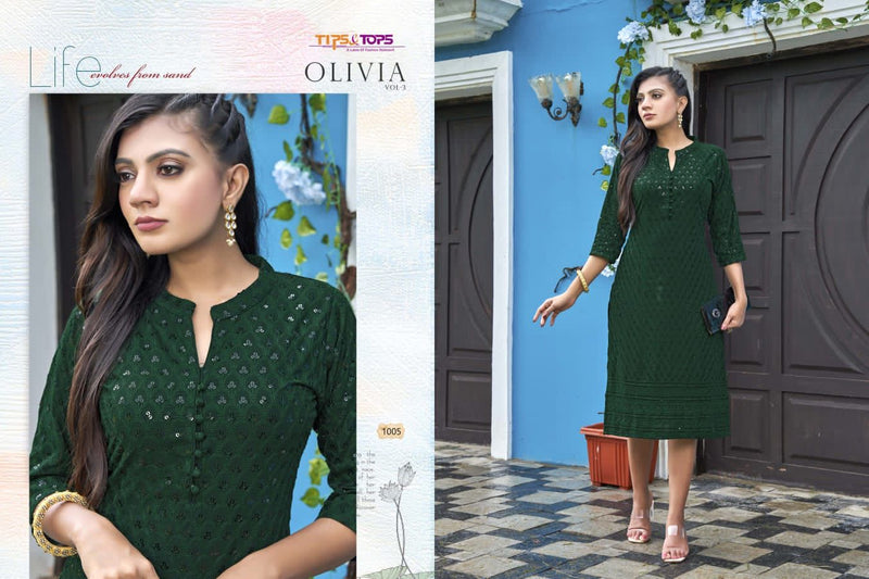 Tips & Tops Olivia Vol 3 Rayon With Luckhnowi Chikan Work Stylish Designer Party Wear Kurti