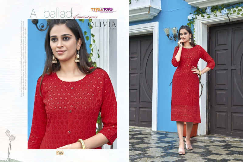 Tips & Tops Olivia Vol 3 Rayon With Luckhnowi Chikan Work Stylish Designer Party Wear Kurti