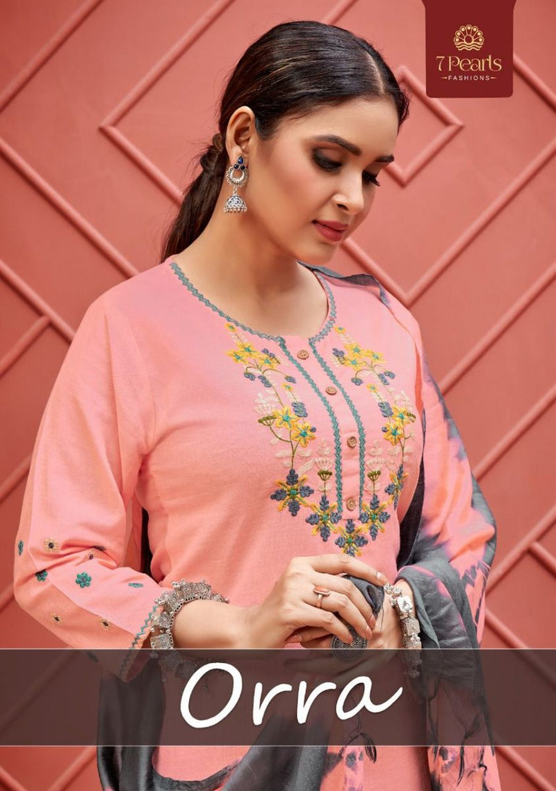 7 Pearls Orra Cotton Embroidered Designer Party Wear Kurtis With Bottom & Dupatta