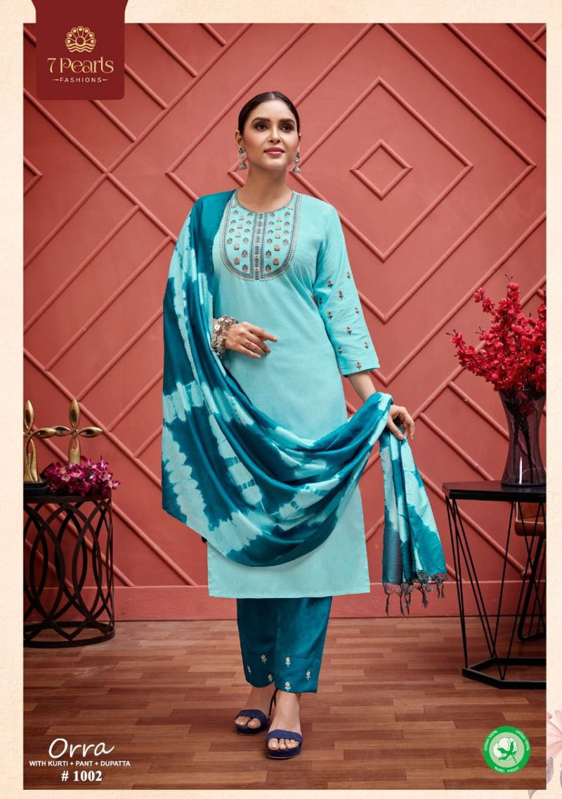 7 Pearls Orra Cotton Embroidered Designer Party Wear Kurtis With Bottom & Dupatta