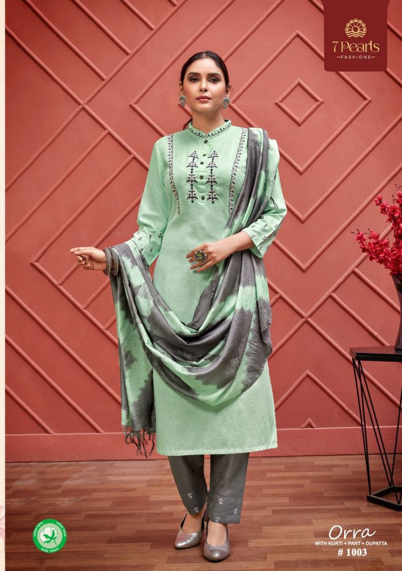 7 Pearls Orra Cotton Embroidered Designer Party Wear Kurtis With Bottom & Dupatta