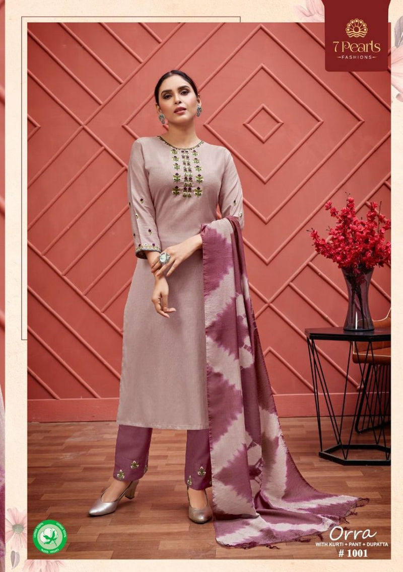 7 Pearls Orra Cotton Embroidered Designer Party Wear Kurtis With Bottom & Dupatta