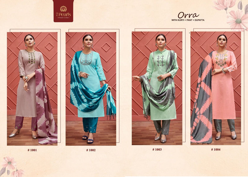 7 Pearls Orra Cotton Embroidered Designer Party Wear Kurtis With Bottom & Dupatta