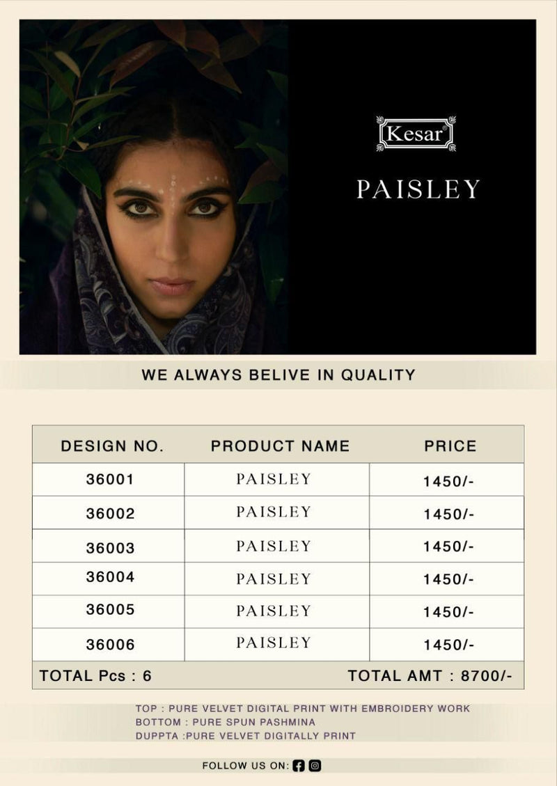 Kesar Karachi Paisley Velvet With Fancy & Embroidery Work Stylish Designer Casual Wear Salwar Suit