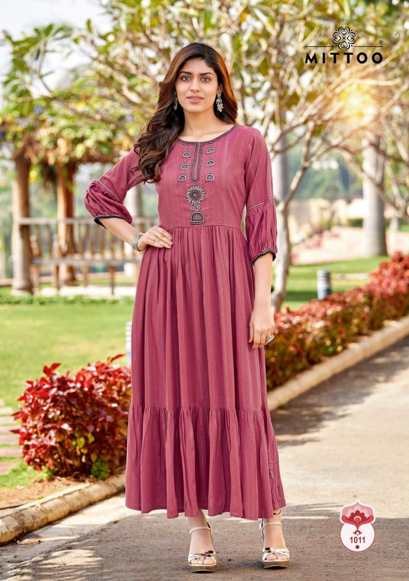 Mittoo Pakhi Rayon Fancy Embroidered Designer Gown Style Party Wear Kurtis