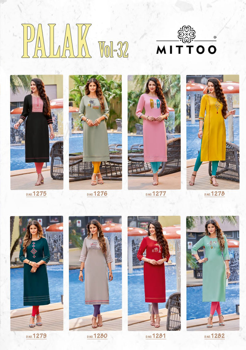 Mittoo Palak Vol 32 Rayon With Fancy Work Stylish Designer Casual Wear Kurti