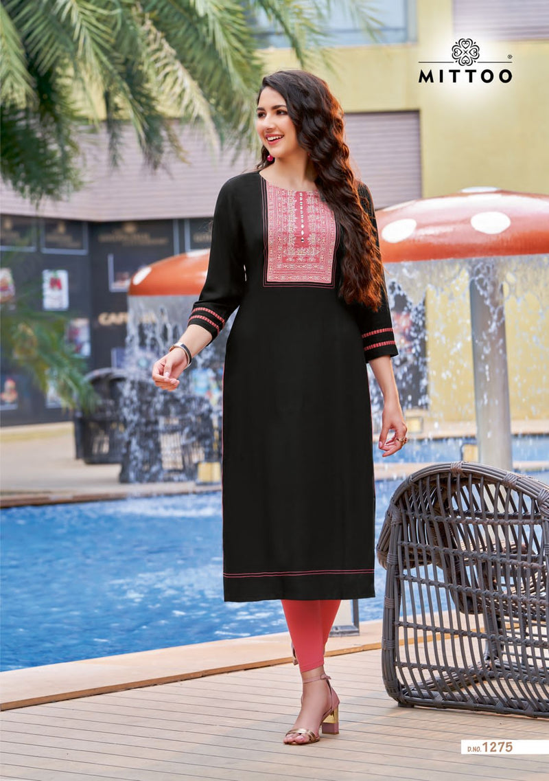 Mittoo Palak Vol 32 Rayon With Fancy Work Stylish Designer Casual Wear Kurti