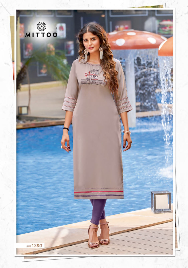 Mittoo Palak Vol 32 Rayon With Fancy Work Stylish Designer Casual Wear Kurti