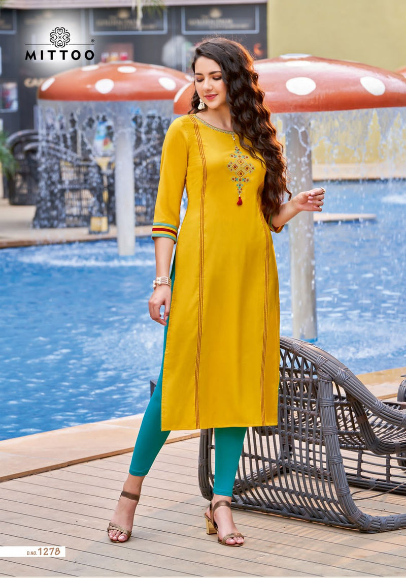 Mittoo Palak Vol 32 Rayon With Fancy Work Stylish Designer Casual Wear Kurti