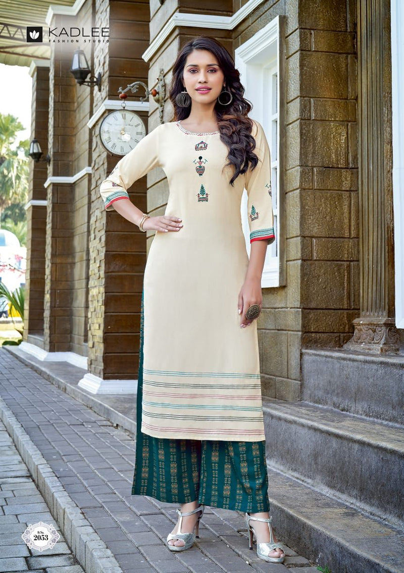 Kadlee Fashion Pankh Vol 7 Rayon Fancy Embroidered PArty Wear Kurtis With Plazo