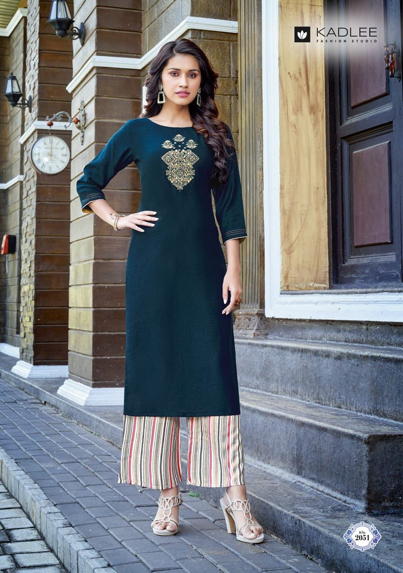 Kadlee Fashion Pankh Vol 7 Rayon Fancy Embroidered PArty Wear Kurtis With Plazo