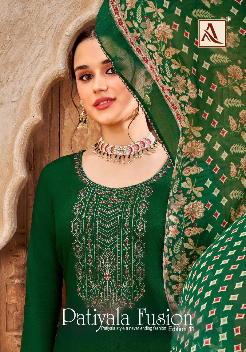Alok Suits Patiyala Fusion Vol 10 Series H 1206-001 To 008 Pure Viscose Rayon Slub Thread Embroidery Swarovski Diamond Work Fancy Designer Partywear Salwar Suit
