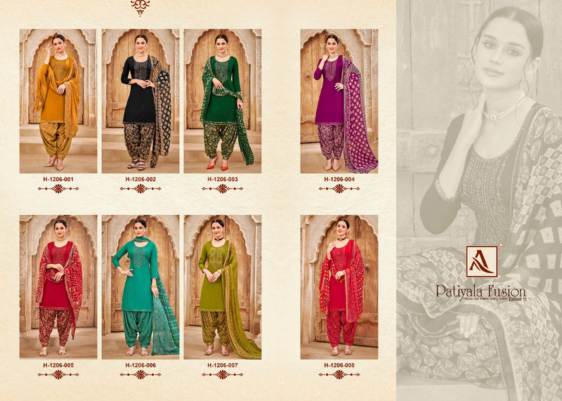 Alok Suits Patiyala Fusion Vol 10 Series H 1206-001 To 008 Pure Viscose Rayon Slub Thread Embroidery Swarovski Diamond Work Fancy Designer Partywear Salwar Suit