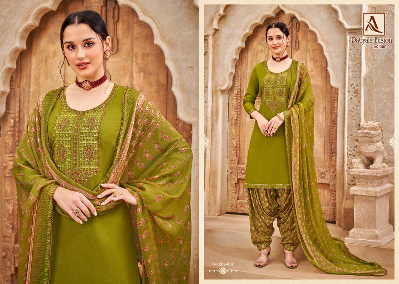 Alok Suits Patiyala Fusion Vol 10 Series H 1206-001 To 008 Pure Viscose Rayon Slub Thread Embroidery Swarovski Diamond Work Fancy Designer Partywear Salwar Suit