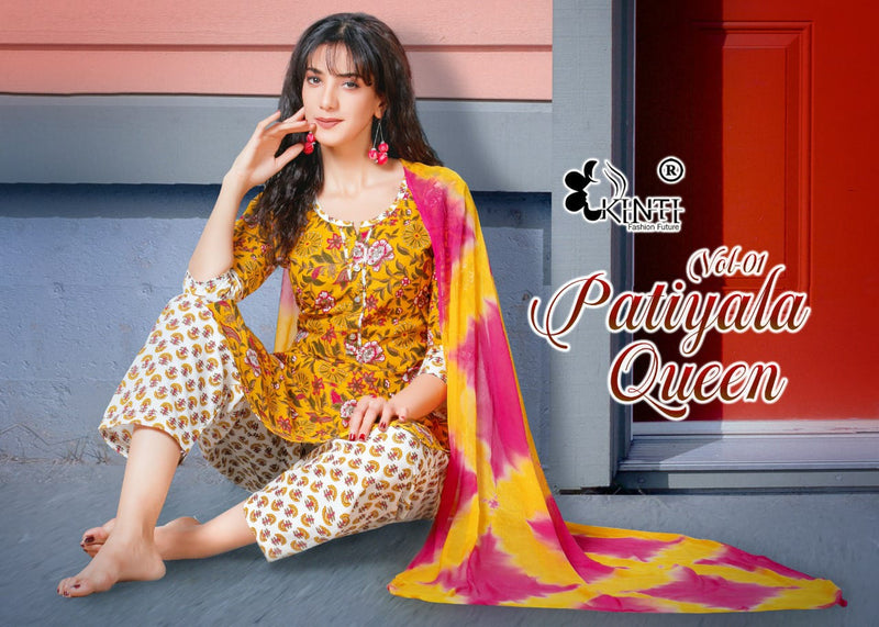 Kinti Patiyala Queen Vol 1 Cambric Cotton Patiyala Style Party Wear Kurtis With Bottom & Dupatta