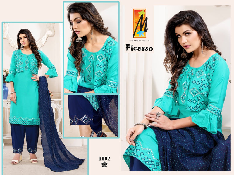 Master Picasso Rayon With Mirror Work Koti Style Ready Made Party Wear Kurtis With Bottom & Dupatta Set